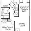 Floor plan for 2 beds, 1 bath, 864 sqft